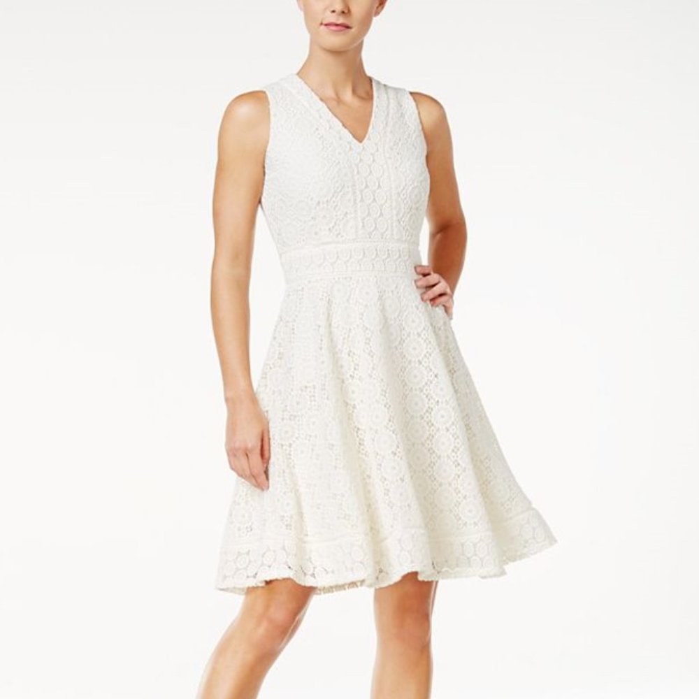 Vintage Cream Knee-Length V-Neck Charter Club Lace Fit & Flare Dress